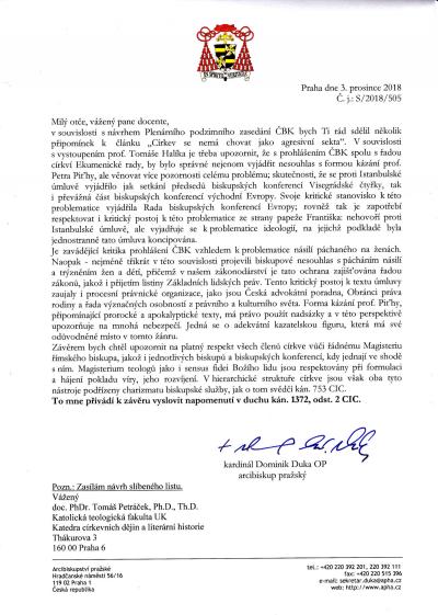 Arcibiskupství tvrdí, že Petráček napomenutí dostal od hradeckého biskupa. Text je podepsaný Dukou