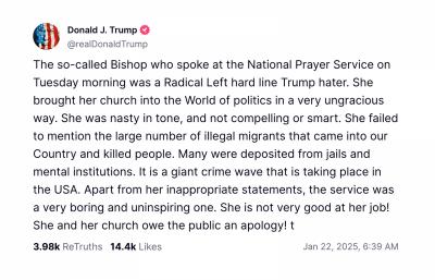 Trump žádá omluvu po biskupce, která jej prosila o slitování nad migranty a LGBT