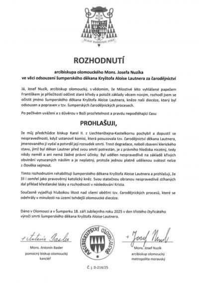 Arcibiskup Nuzík rehabilitoval děkana Lautnera, symbol obětí čarodějnických procesů